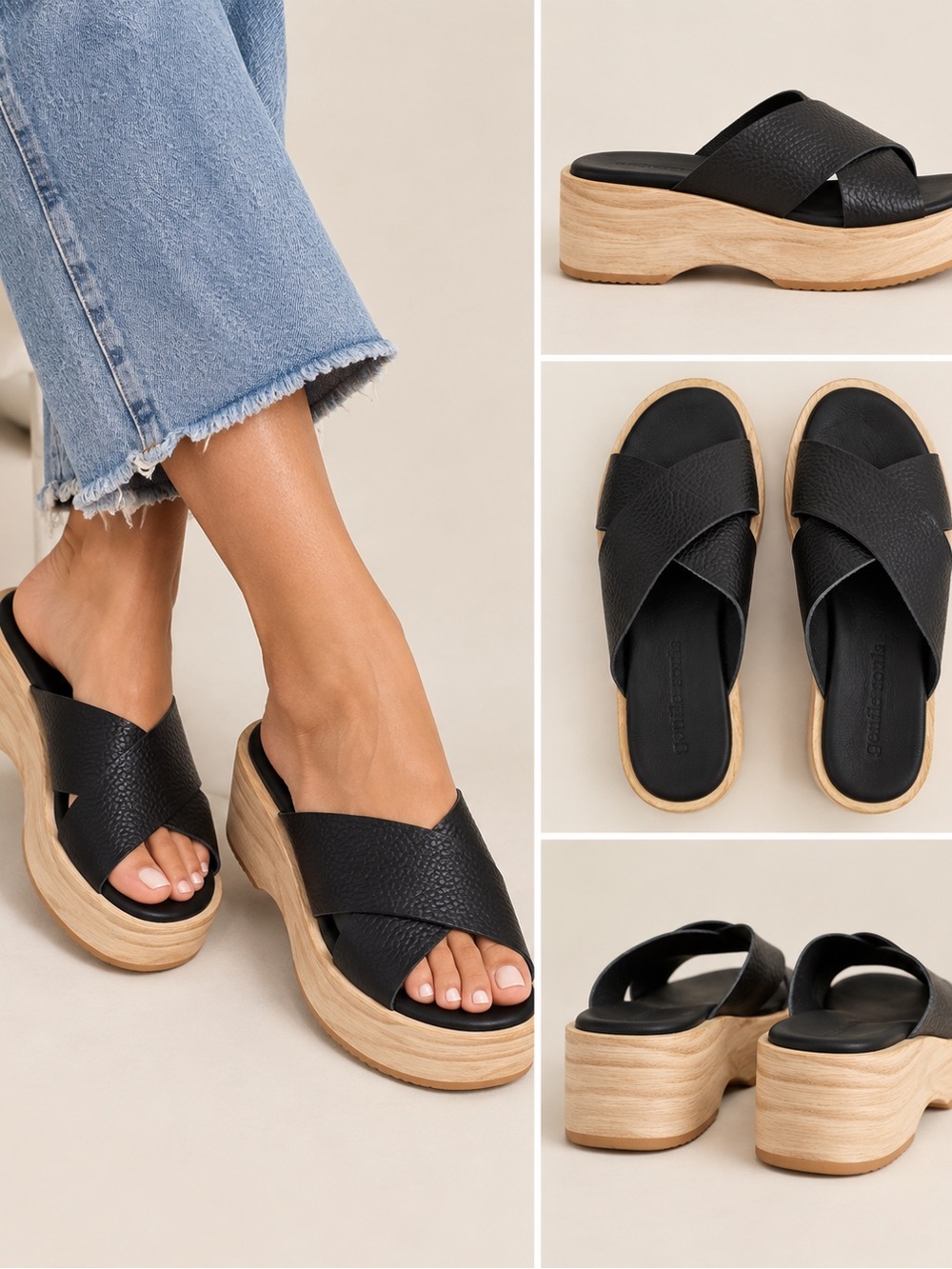 257. Kenneth Cole Gentle Souls Black Crisscross Platform Sandals with Wood-Look